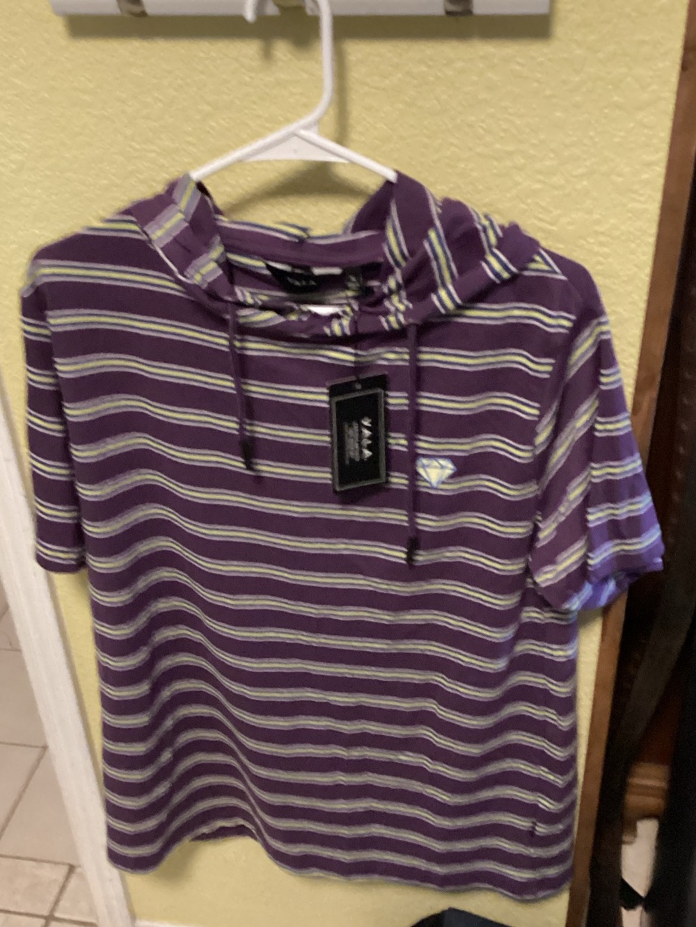 Men's Purple Striped Short-Sleeve Hoodie with Light Green Accents